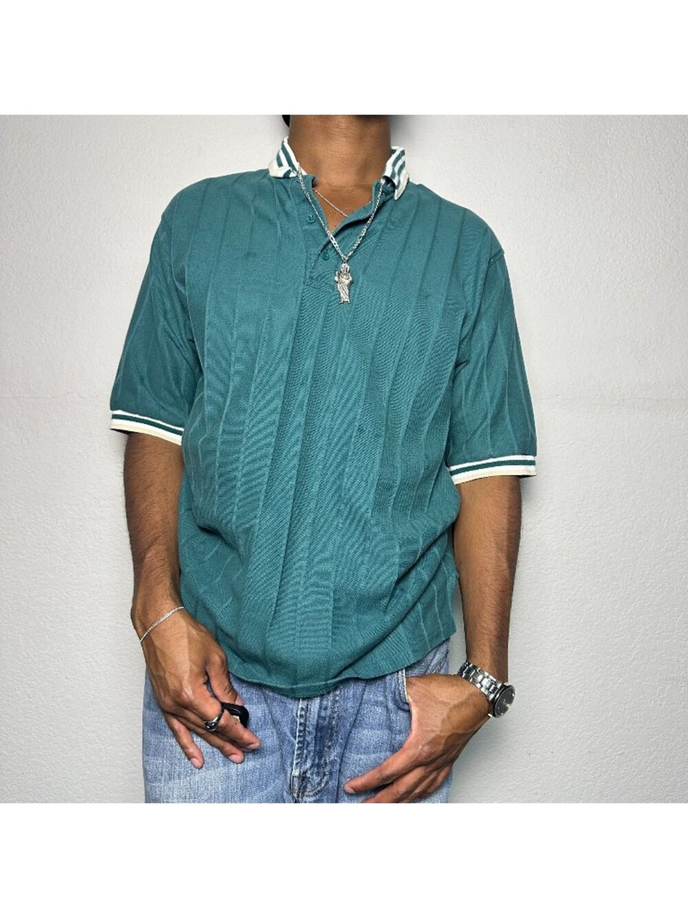 VTG Dunbrooke John Deere Men L Teal Green Polo Shirt Short Sleeve 90s Cotton
